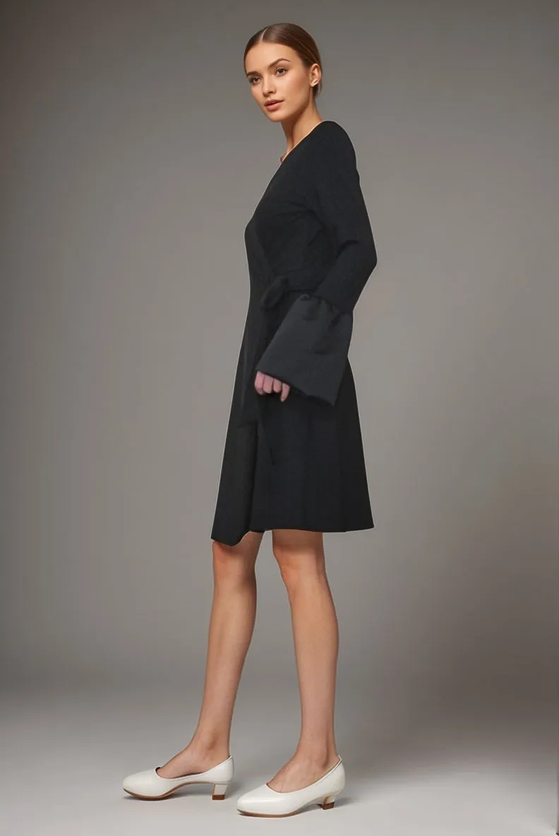 Pre-order: CORDELIA WRAP DRESS (BLACK / BLK SATIN)- VD3156