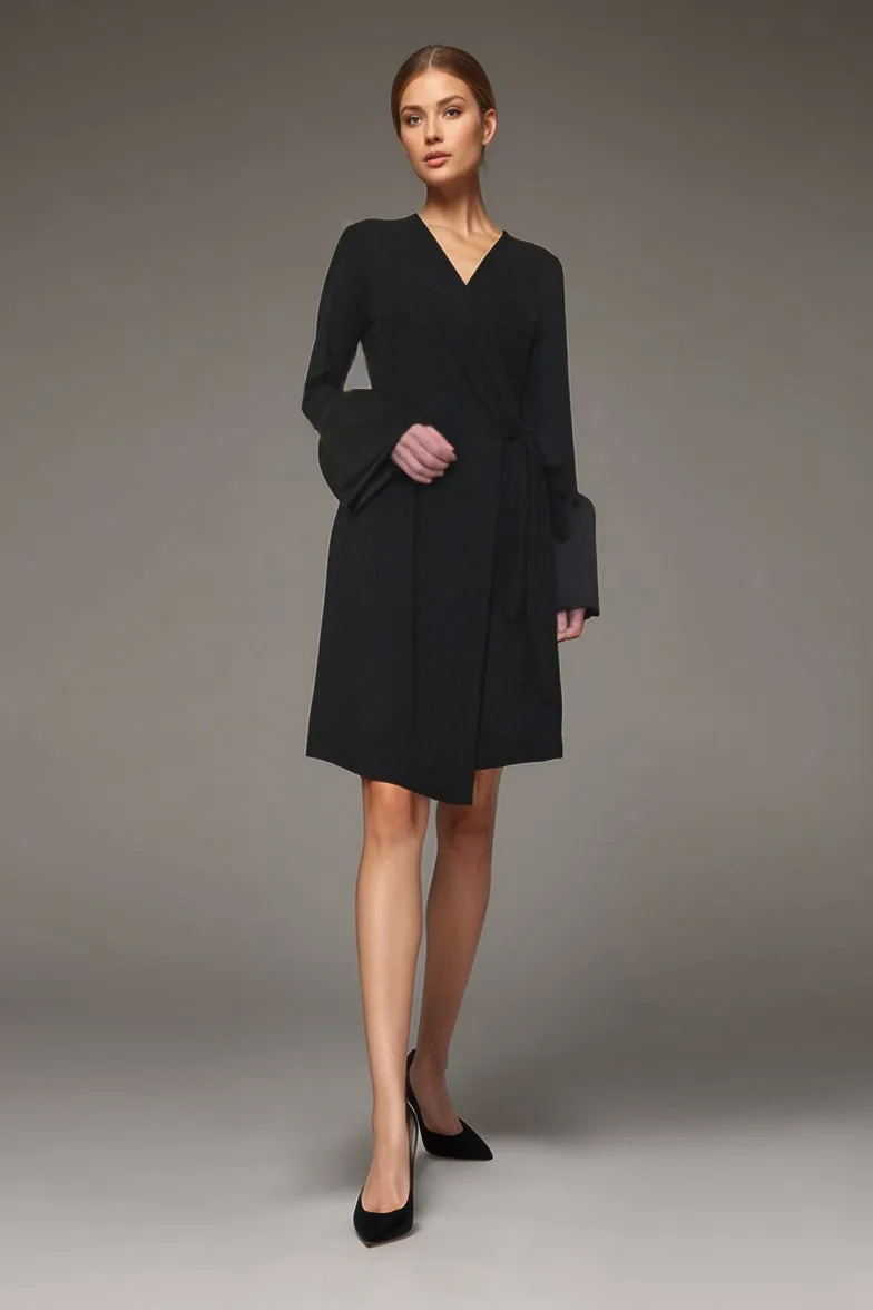Pre-order: CORDELIA WRAP DRESS (BLACK / BLK SATIN)- VD3156