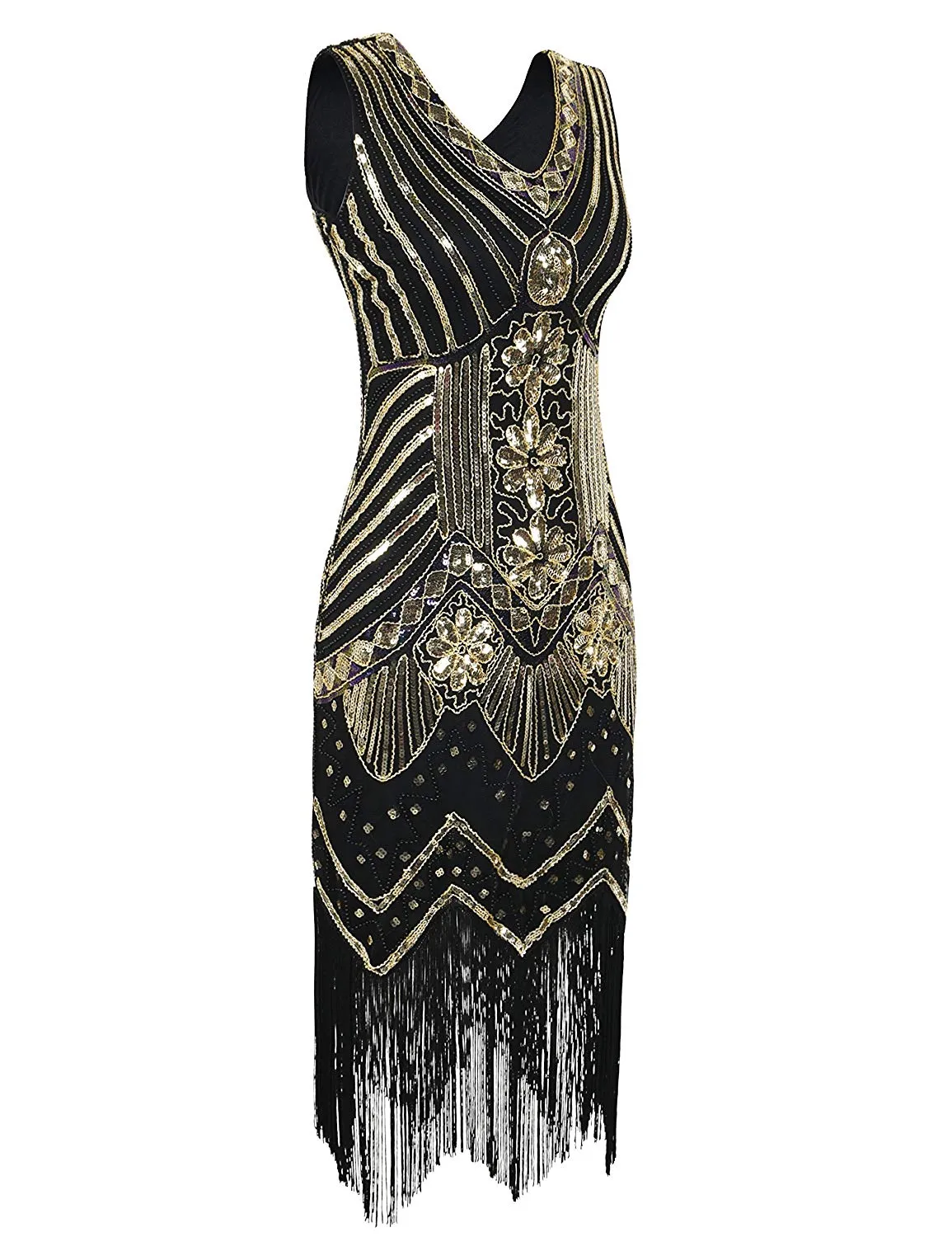PrettyGuide Women 1920s Dress V Neck Beaded Sequin Deco Gatsby Inspired Flapper Dress