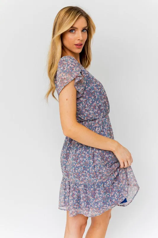 Puff Sleeve Faux Wrap Ruffle Mini Dress