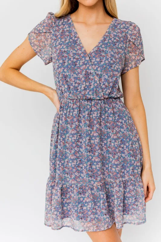 Puff Sleeve Faux Wrap Ruffle Mini Dress