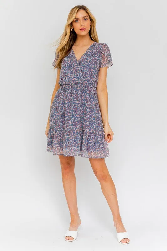 Puff Sleeve Faux Wrap Ruffle Mini Dress