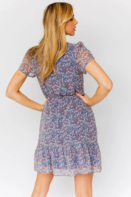 Puff Sleeve Faux Wrap Ruffle Mini Dress