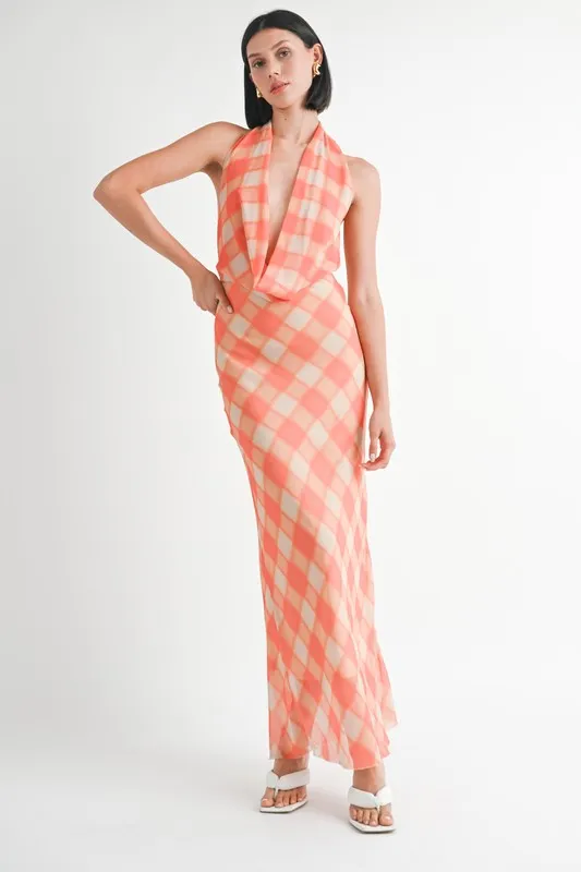 Rachelle Plaid Plunge Cowl Neck Open Back Woven Maxi Dress