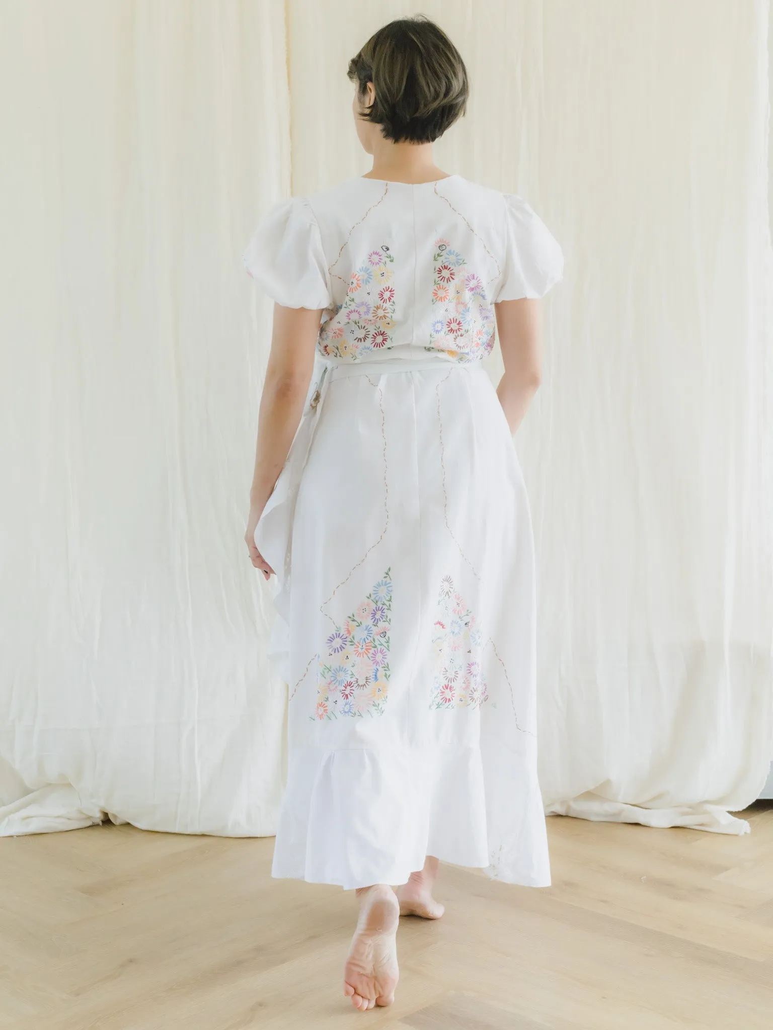 Re-Dress Upcycled Floral Embroidered Wrap White Maxi Dress