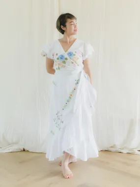 Re-Dress Upcycled Floral Embroidered Wrap White Maxi Dress