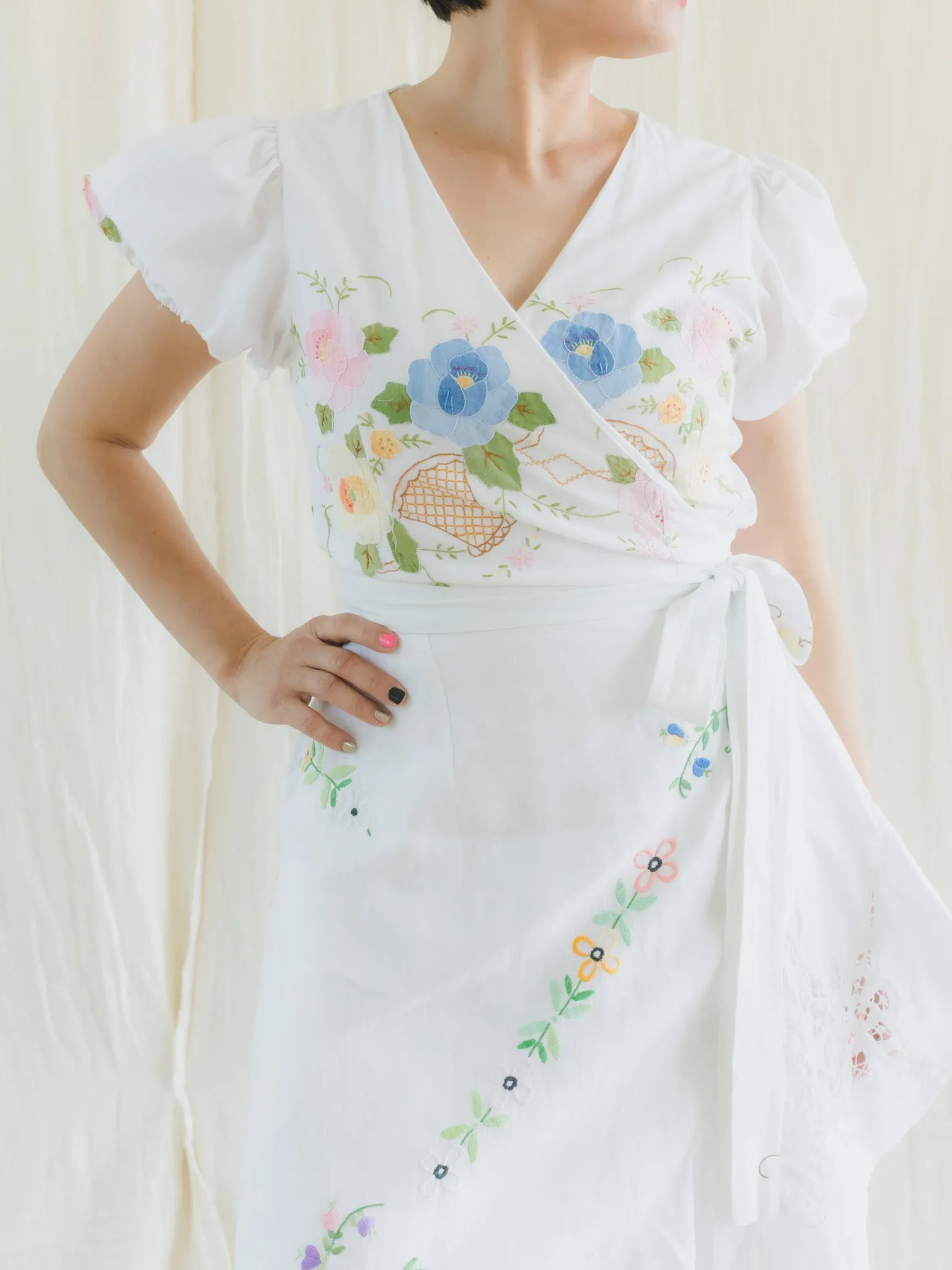 Re-Dress Upcycled Floral Embroidered Wrap White Maxi Dress