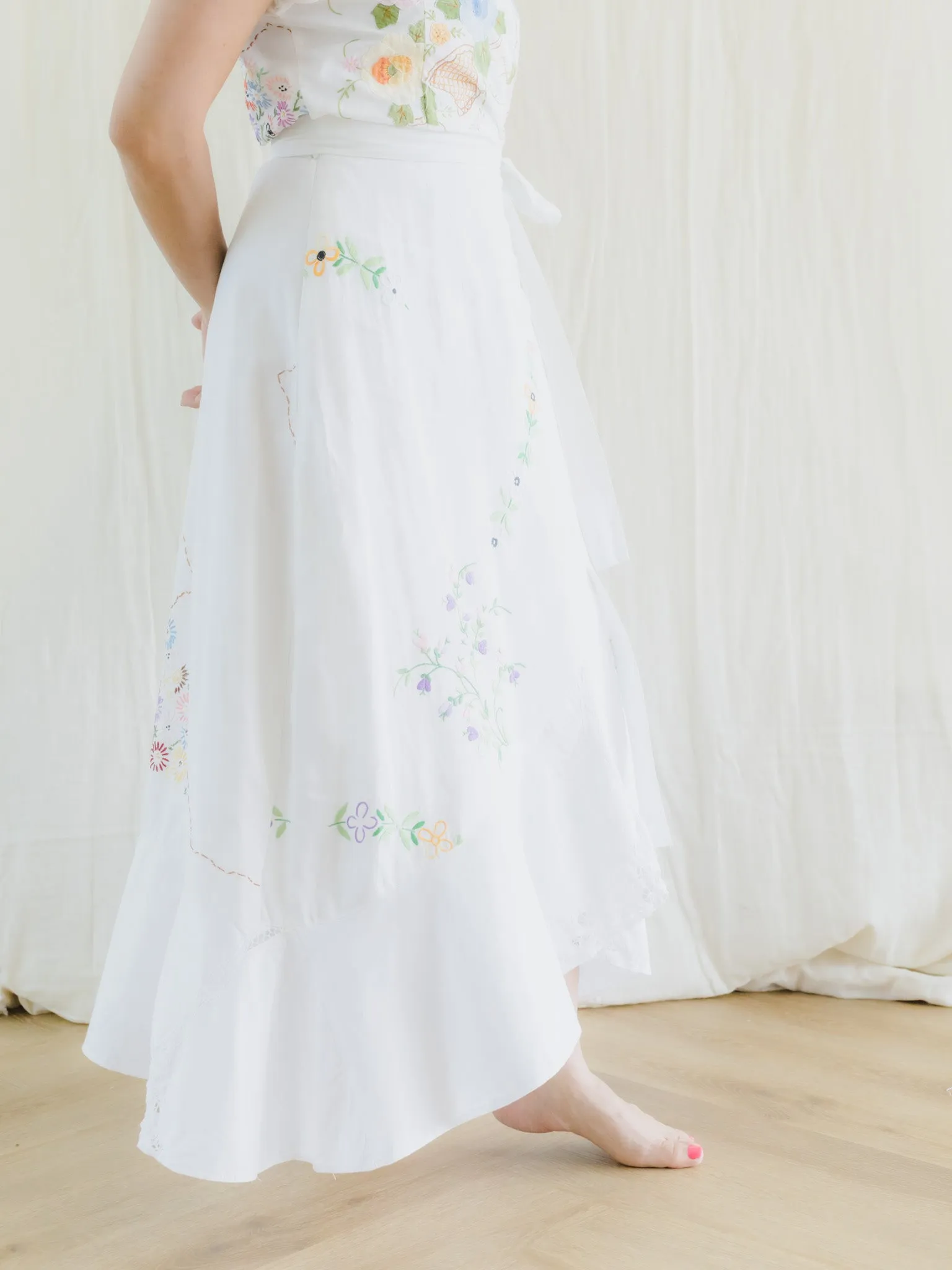 Re-Dress Upcycled Floral Embroidered Wrap White Maxi Dress