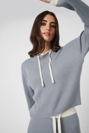 Rib Trim Cashmere Hoodie - Ice Grey / White