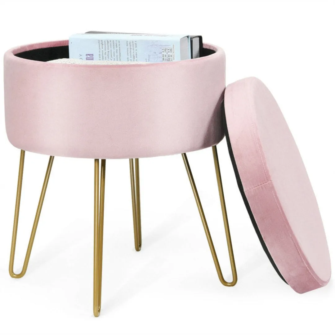 Round Velvet Storage Ottoman Footrest Stool Vanity Chair with Metal Legs