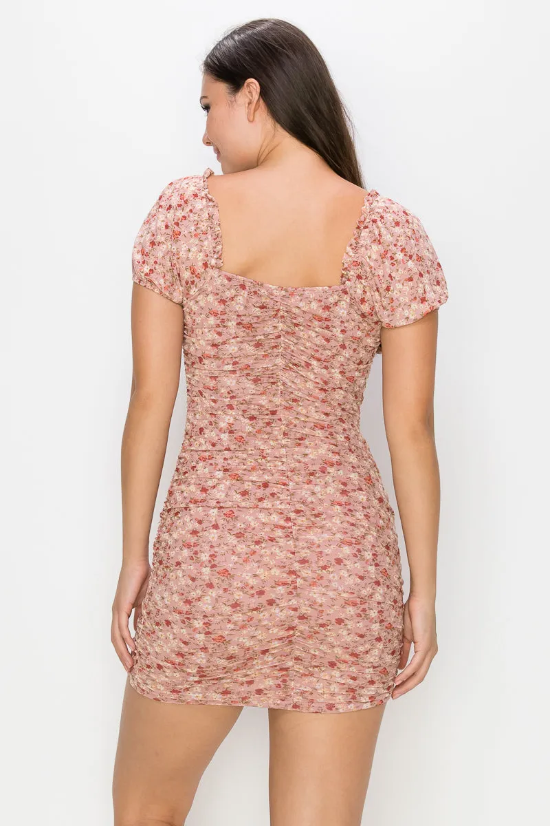 Ruched Floral Ruffled Bodycon Dress,Rose