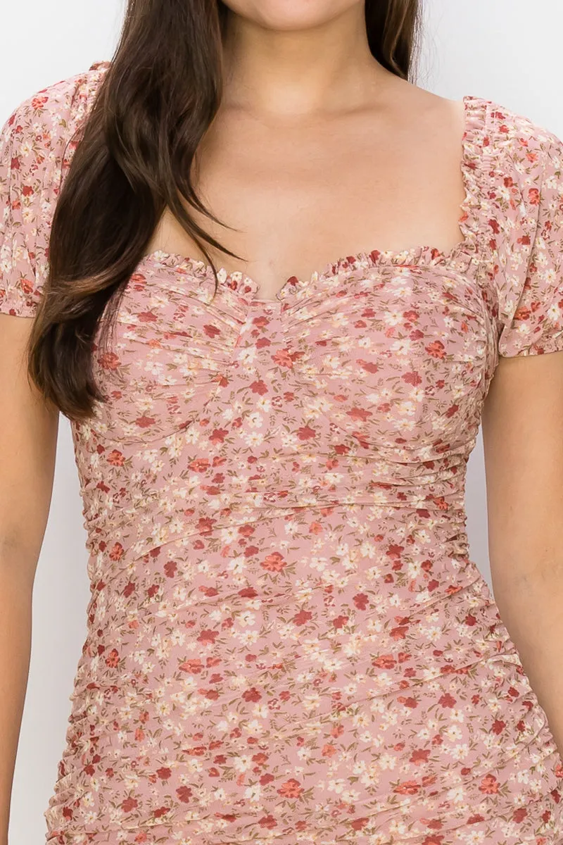 Ruched Floral Ruffled Bodycon Dress,Rose
