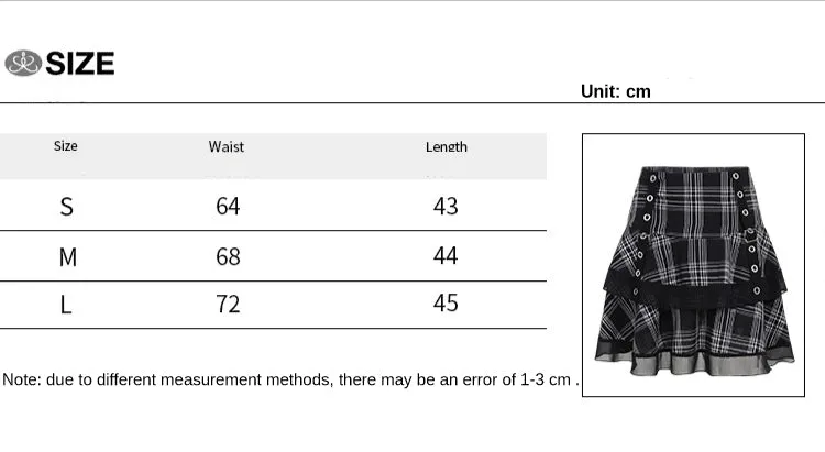 Sexy European style gothic checkered splicing layered skirt eyelets buckle belt slim fit