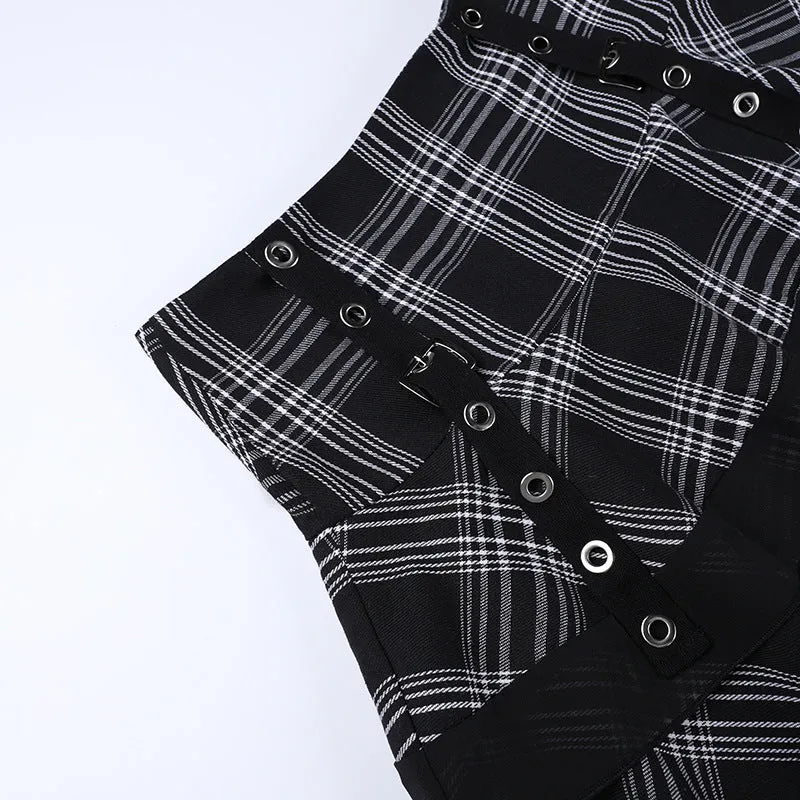Sexy European style gothic checkered splicing layered skirt eyelets buckle belt slim fit