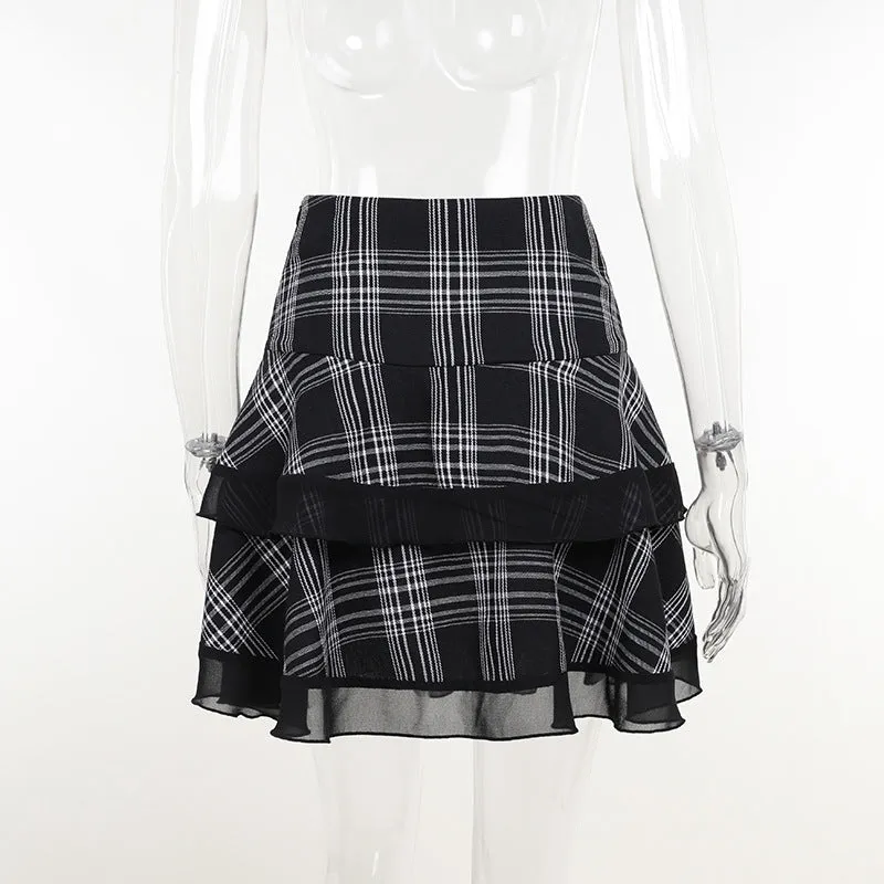 Sexy European style gothic checkered splicing layered skirt eyelets buckle belt slim fit