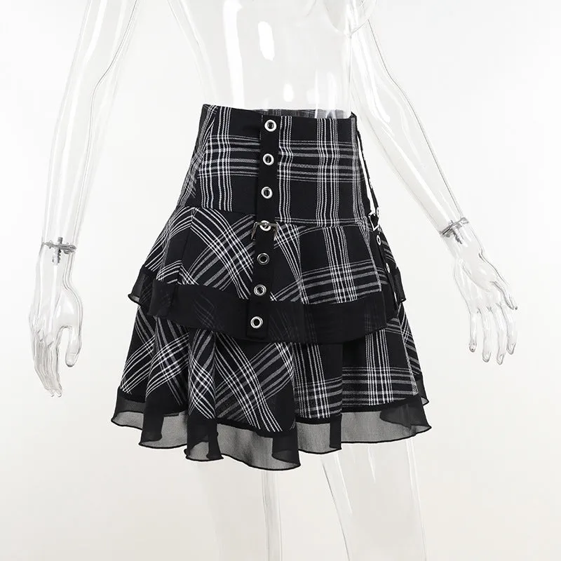 Sexy European style gothic checkered splicing layered skirt eyelets buckle belt slim fit