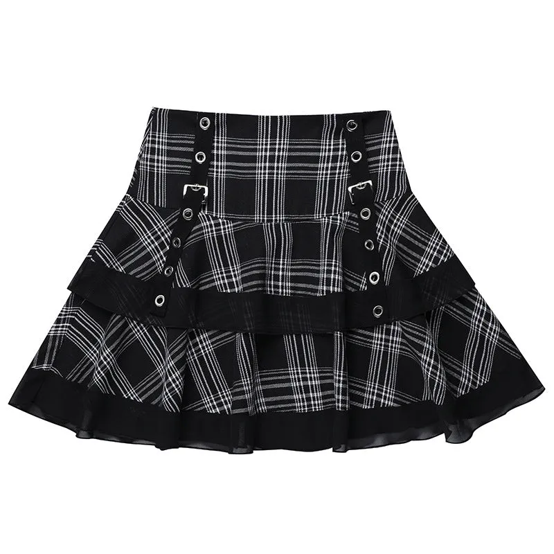 Sexy European style gothic checkered splicing layered skirt eyelets buckle belt slim fit