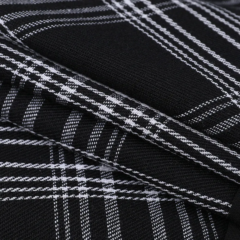 Sexy European style gothic checkered splicing layered skirt eyelets buckle belt slim fit