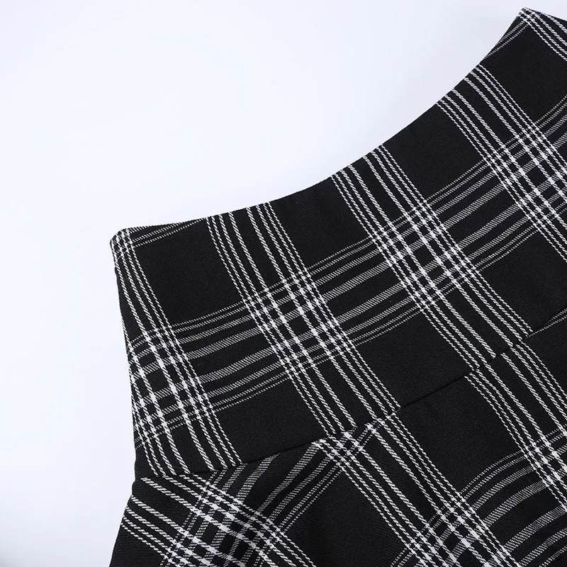 Sexy European style gothic checkered splicing layered skirt eyelets buckle belt slim fit