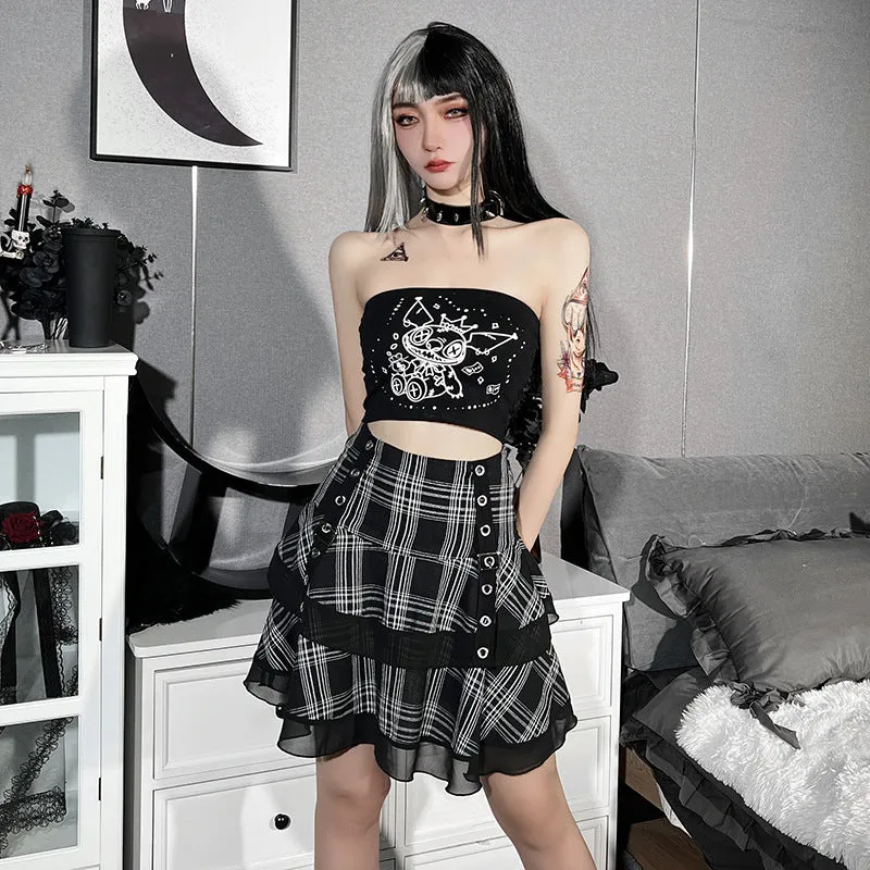 Sexy European style gothic checkered splicing layered skirt eyelets buckle belt slim fit