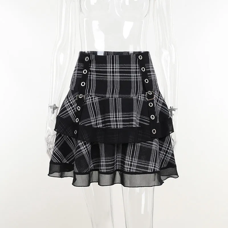 Sexy European style gothic checkered splicing layered skirt eyelets buckle belt slim fit