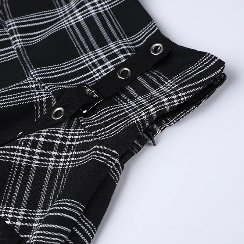 Sexy European style gothic checkered splicing layered skirt eyelets buckle belt slim fit