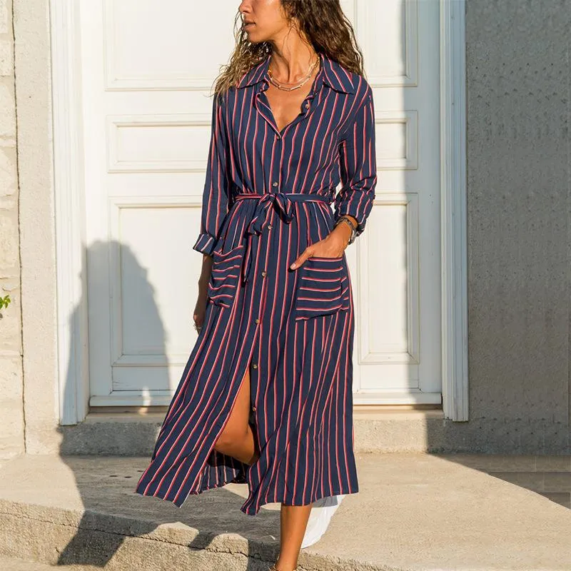 Shirt Dress Europe Women Printed Pocket Long Sleeved Plus Size Pocket Dress