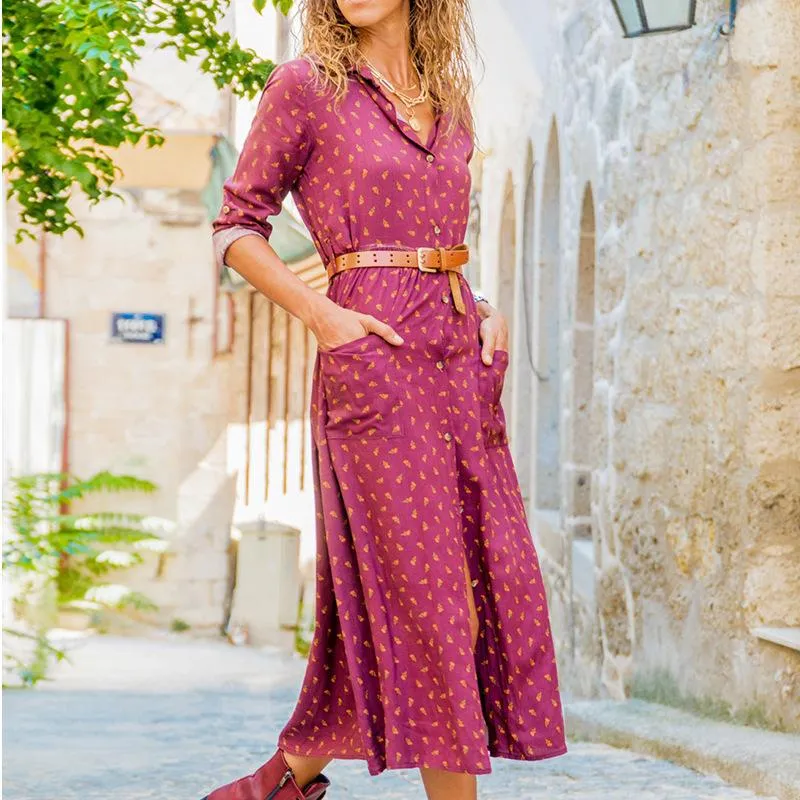 Shirt Dress Europe Women Printed Pocket Long Sleeved Plus Size Pocket Dress