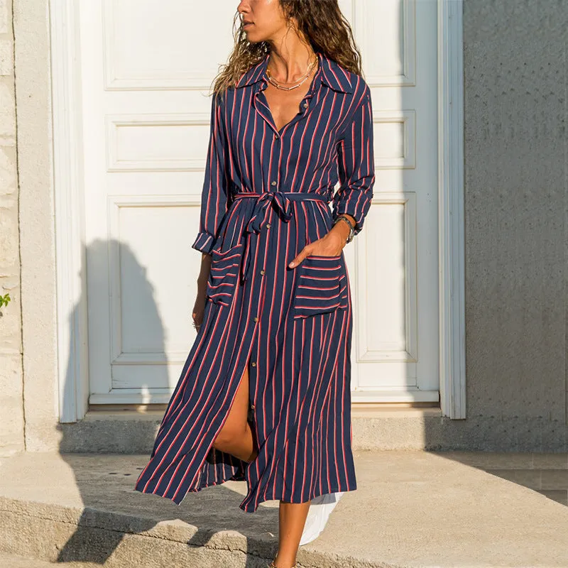 Shirt Dress Europe Women Printed Pocket Long Sleeved Plus Size Pocket Dress