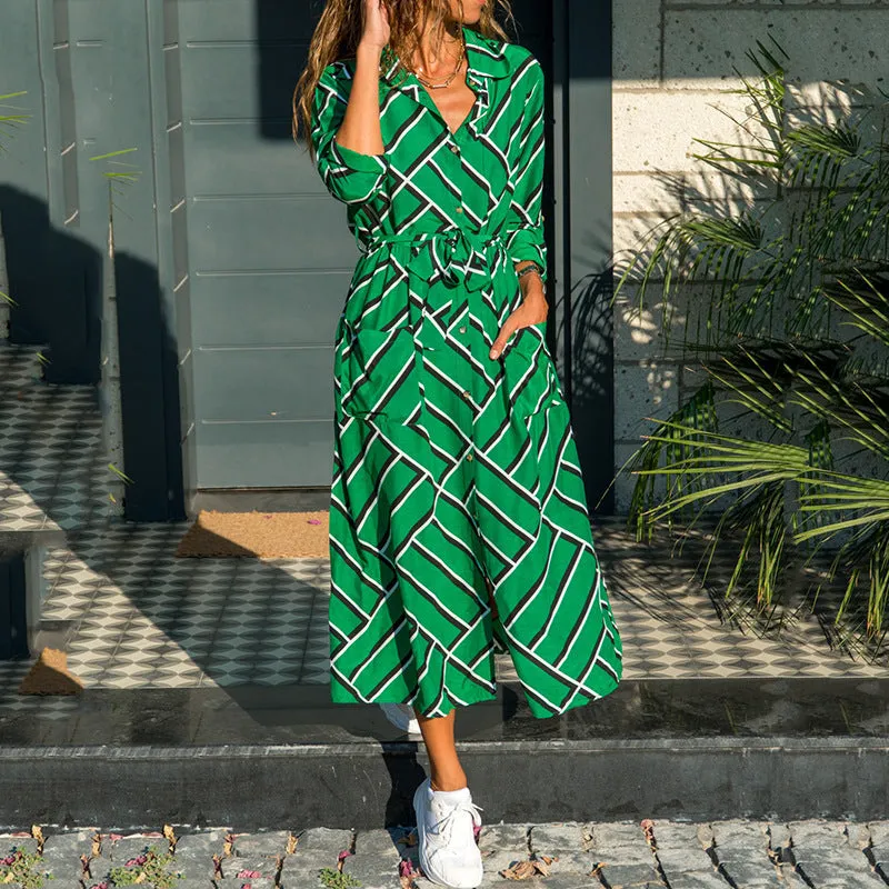 Shirt Dress Europe Women Printed Pocket Long Sleeved Plus Size Pocket Dress