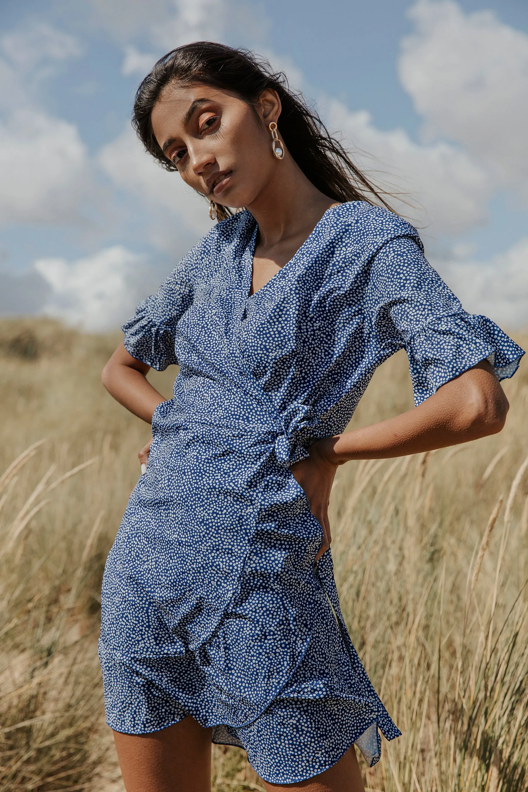 Short Sleeve Spotty Wrap Mini Dress