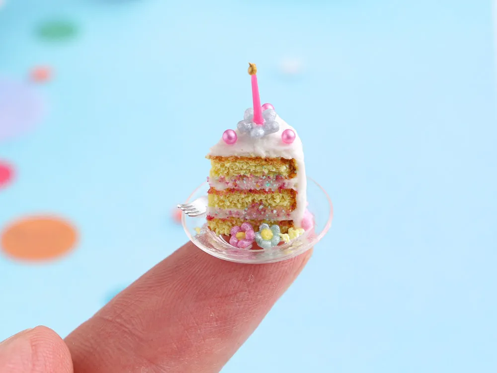 Slice of Birthday Cake with Fork - Handmade Miniature Food in 12th Scale