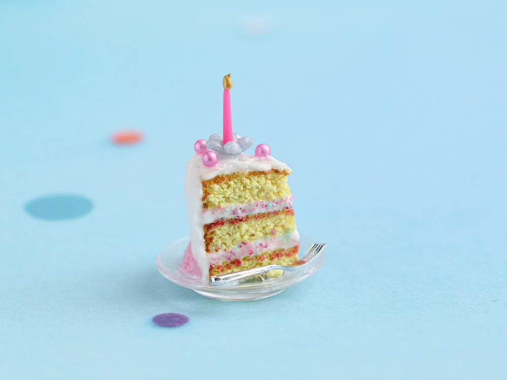 Slice of Birthday Cake with Fork - Handmade Miniature Food in 12th Scale