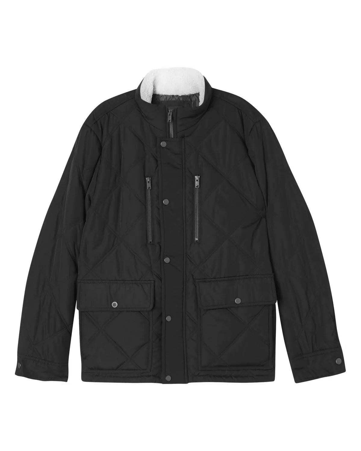Snap Front Quilted Faux Fur Collar Jacket