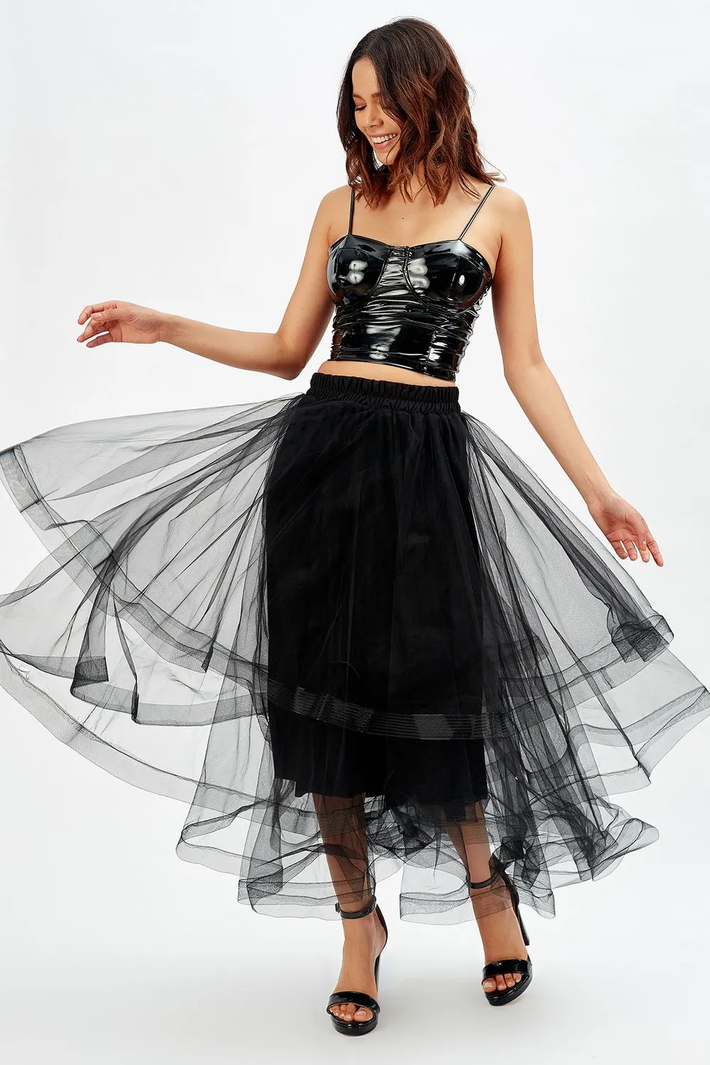 SNS Sense Black Shiny Layered Long Tulle Evening Skirt - Covina