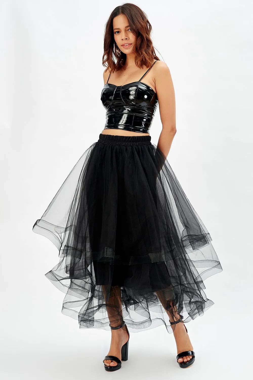 SNS Sense Black Shiny Layered Long Tulle Evening Skirt - Covina