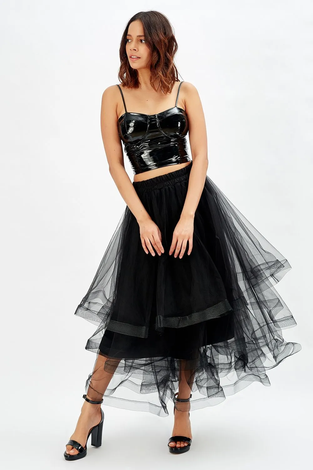 SNS Sense Black Shiny Layered Long Tulle Evening Skirt - Covina