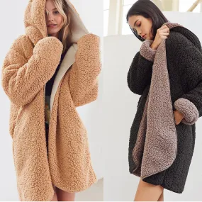 SolId Color Two Side Wearable Women Hooded Oversized Teddy Coat