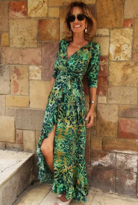 Sophia Alexia Ruffle Wrap Dress in Emerald Leopard
