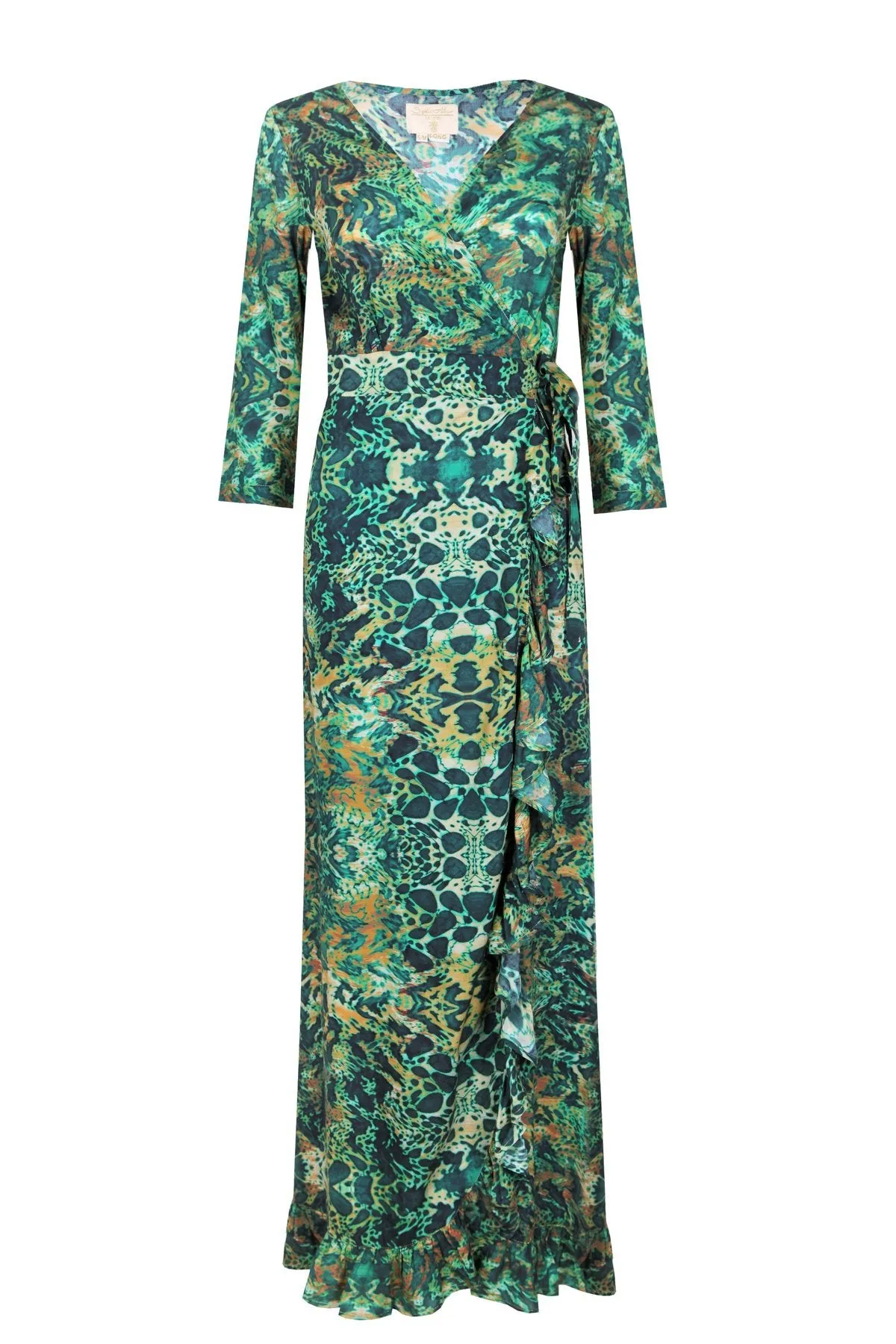 Sophia Alexia Ruffle Wrap Dress in Emerald Leopard