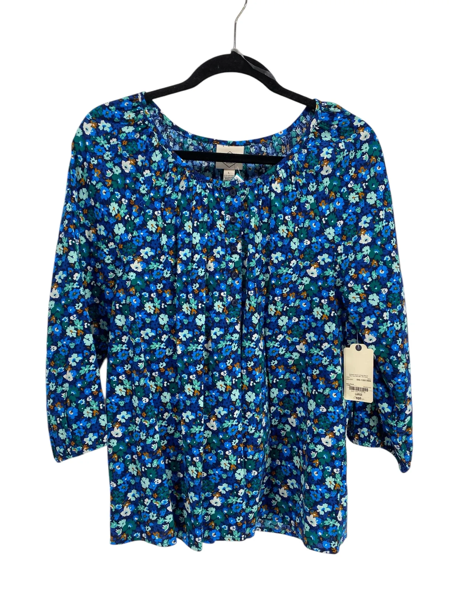St Johns Bay Misses Size Large Navy Floral 3/4 Blouse