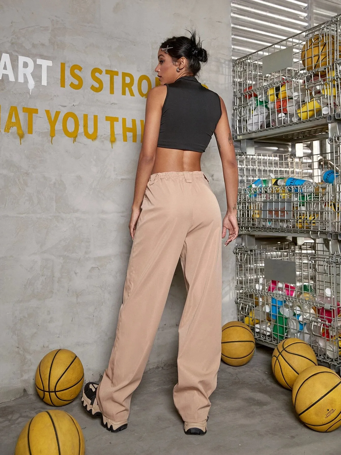 Street Drawstring Waist Pocket Side Cargo Pants