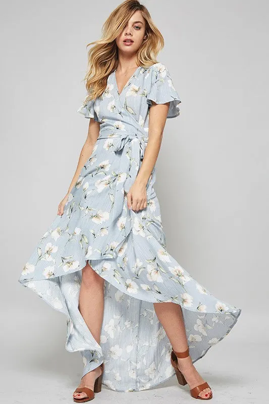 Summer Floral Print Blue Wrap Maxi Dress