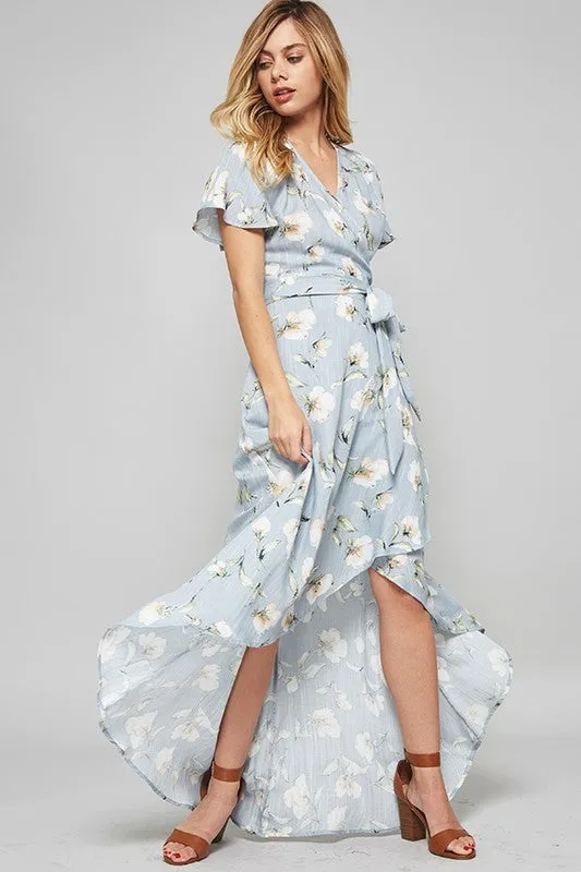 Summer Floral Print Blue Wrap Maxi Dress