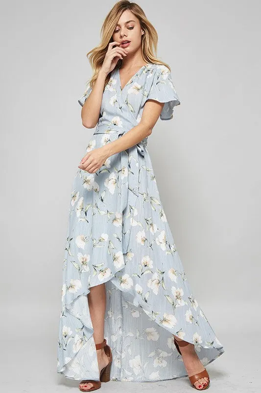 Summer Floral Print Blue Wrap Maxi Dress