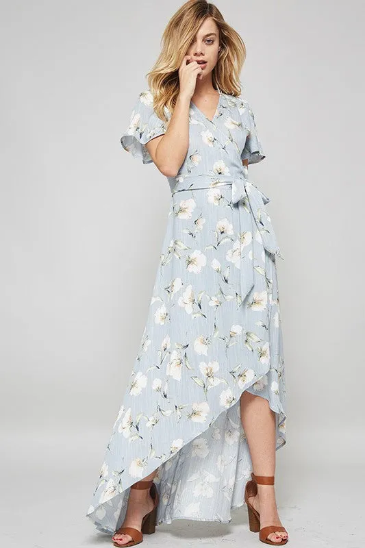 Summer Floral Print Blue Wrap Maxi Dress
