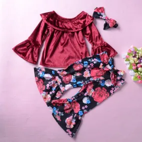 Toddler Girls Soft Flare Sleeve Off Shoulder Top & Floral Bell Pants Wholesale