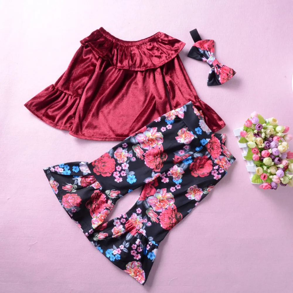 Toddler Girls Soft Flare Sleeve Off Shoulder Top & Floral Bell Pants Wholesale
