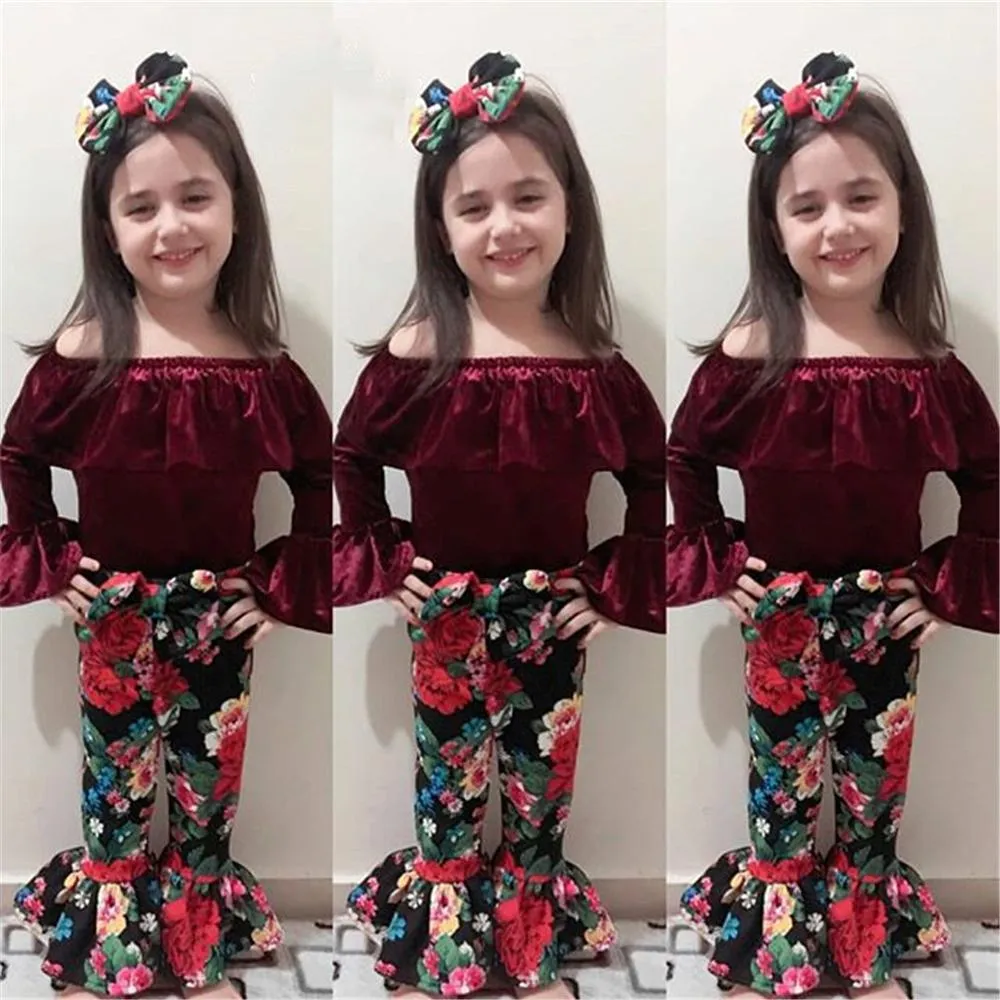 Toddler Girls Soft Flare Sleeve Off Shoulder Top & Floral Bell Pants Wholesale