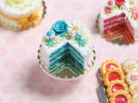 Velvet Layer Cake Decorated with Hand-sculpted Rose – Aqua/Turquoise - Miniature Food
